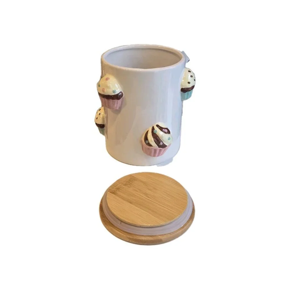 New Pink / Blue Mini Cupcake Ceramic Kitchen Bakery Cookie Jar W/ Wood Lid
